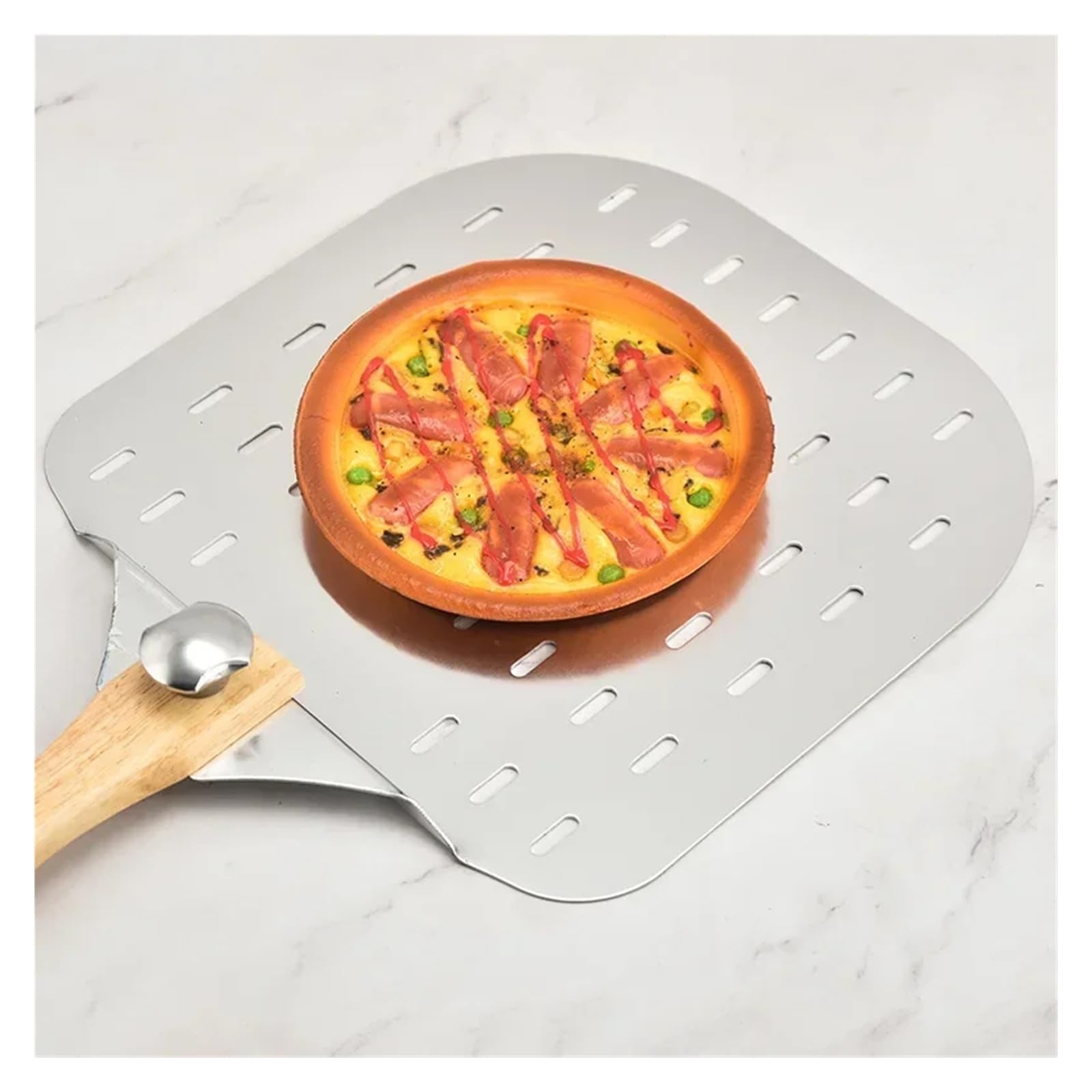 Zdejmowana szpatułka do pizzy, perforowana, lekka aluminiowa łopata z gumowym drewnianym uchwytem, narzędzie do przenoszenia pieczenia dla miłośników pizzy (B)