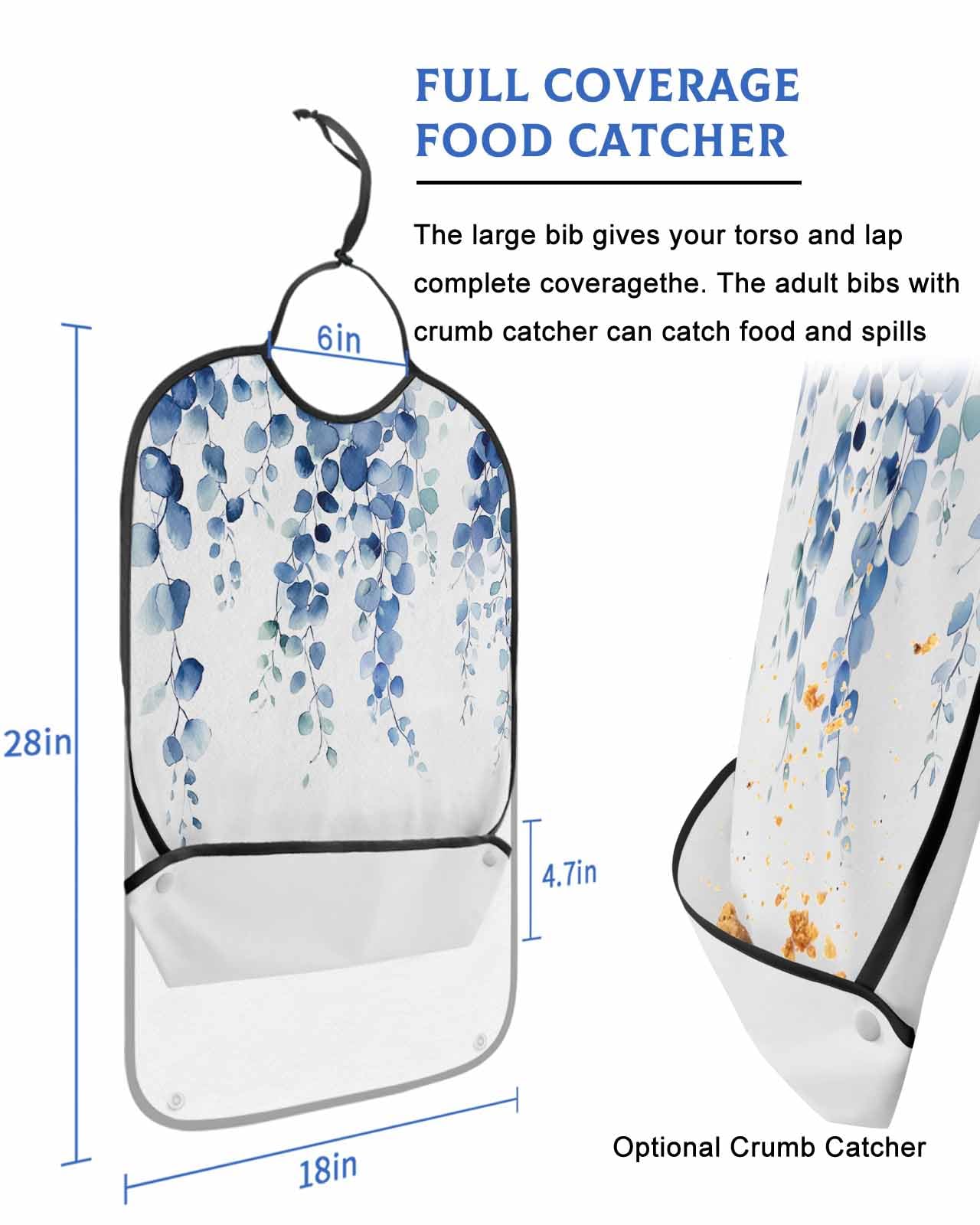 Eucalyptus Blue Adult Bib for Adults Men, Women, Leaves Vine Leaves Watercolor White Washable & Adjustable Terry Cloth Bib with Crumb Catcher Reusable Waterproof Clothing Clothes Protector Apron