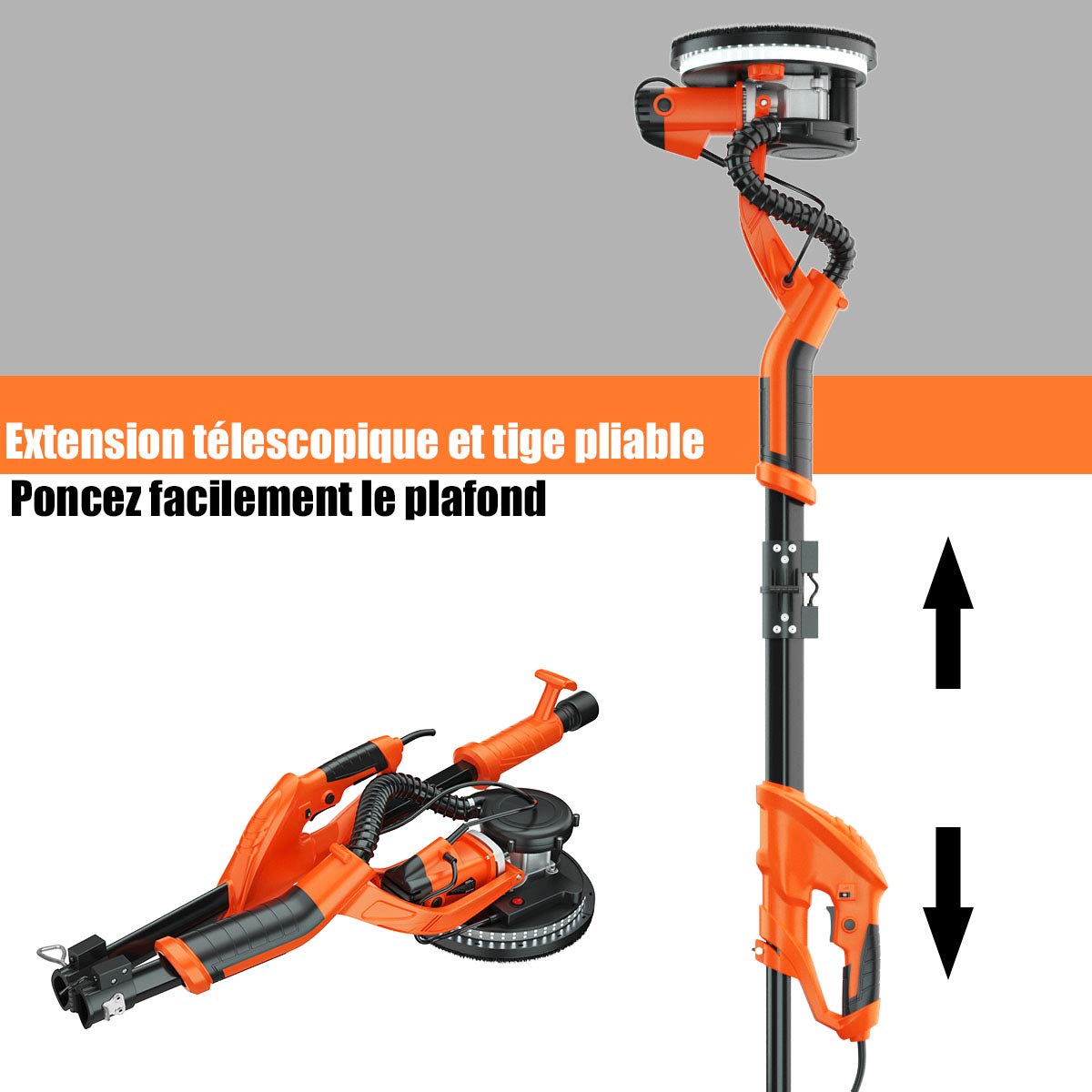COSTWAY Ponceuse Girafe 750W Ø 225 mm Ponceuse Mur et Plafond avec Système d'Aspiration Automatique, 6 Vitesses Variables Lumières LED Manche Télescopique 12 Disques Abrasifs