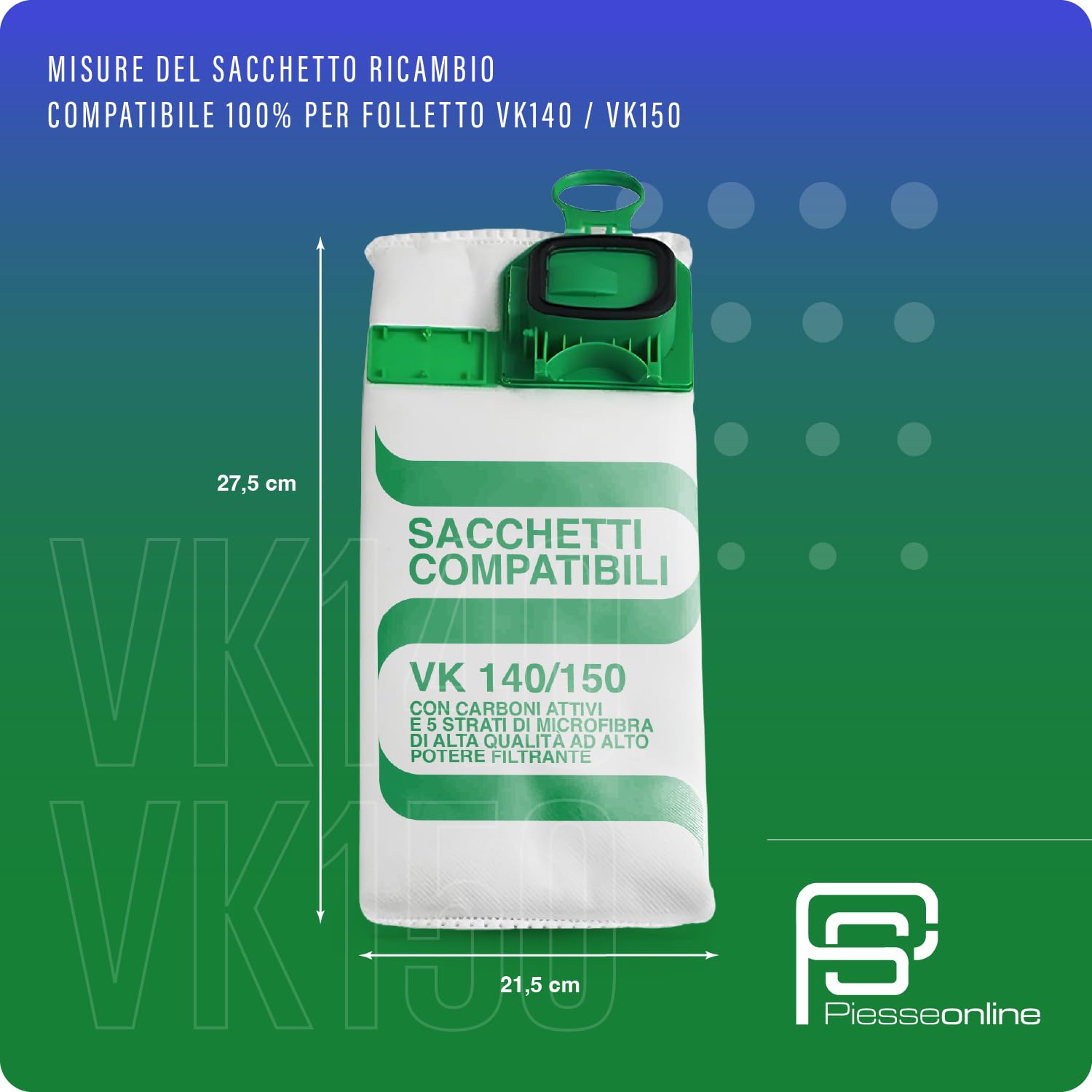 PIESSEONLINE 6 Sacchetti in Microfibra Adattabile per Aspirapolvere Folletto modello VK140-150