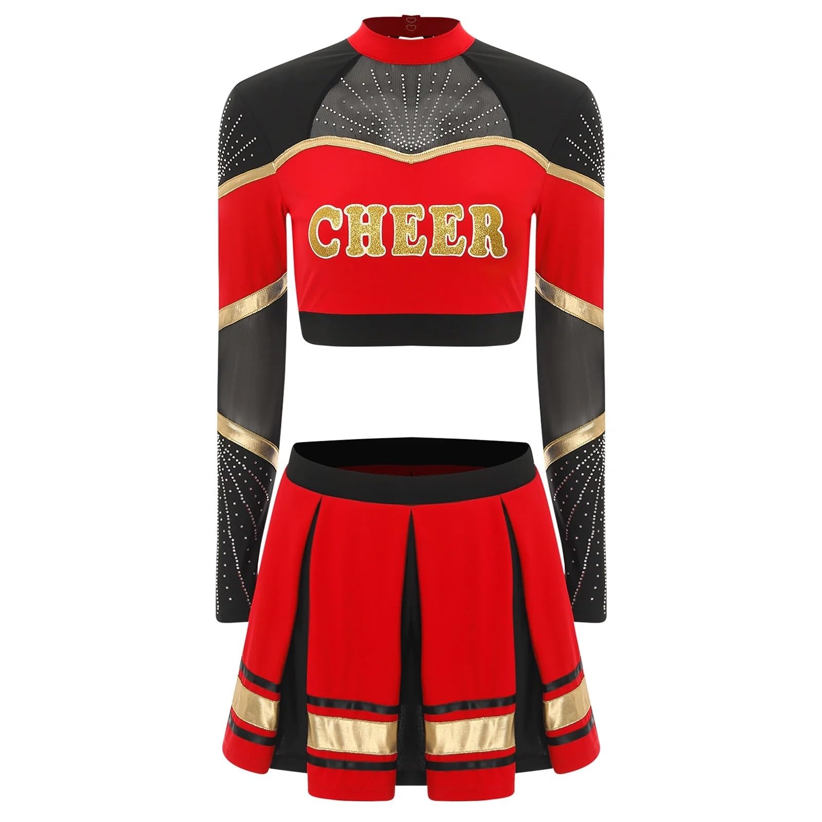 Cheerleader Kostüme 2-teiliges Cheerleading-Kostüm for Damen, Cheerleader-Tanz-Outfits, langärmelig, Pailletten, Bauchfreies Top mit Faltenrock, Set, Cheer-Uniform