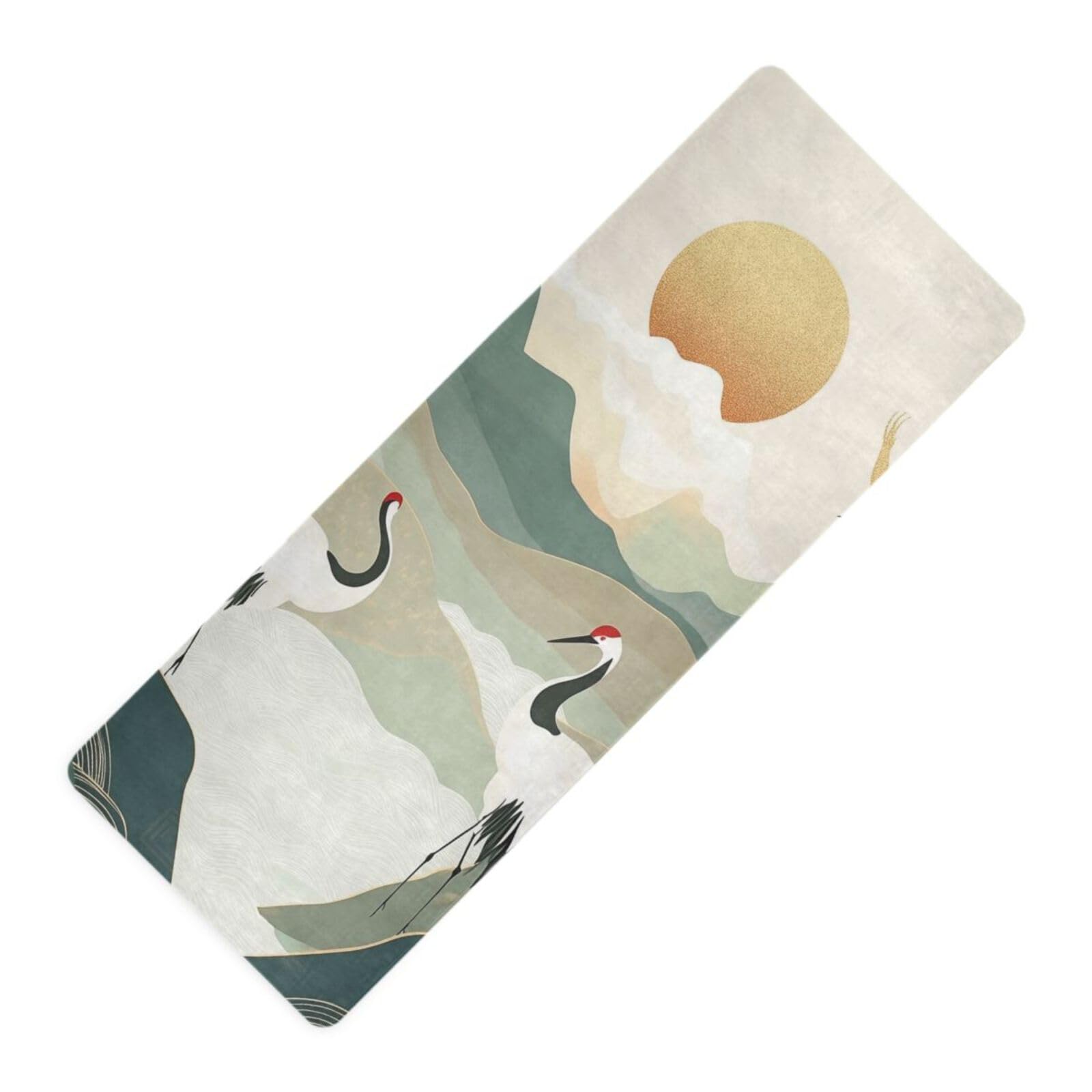 Green Gold Chinese Landscape Crane printed non toxic yoga mat chemical free Thick 1 mm For hot yoga non slip, with yoga mat storage tapete para ejercicio 71x26 inches