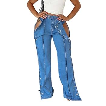 HGKPFGTF Blue,S, Womens High Waisted Jeans Side Button Down