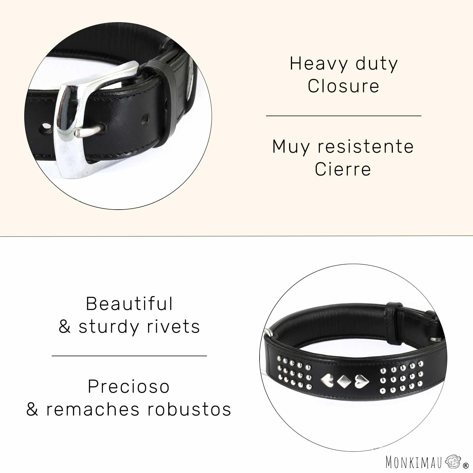 Monkimau Collar para Perros, Collares de Perro de Piel Auténtica con Remaches Acolchado Ajustable (L-XL: 35 mm x 70 cm)