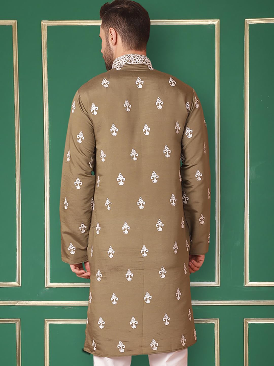 Jompers Men's Olive Chikankari Embroidered Kurta Only (Olive, Xl)