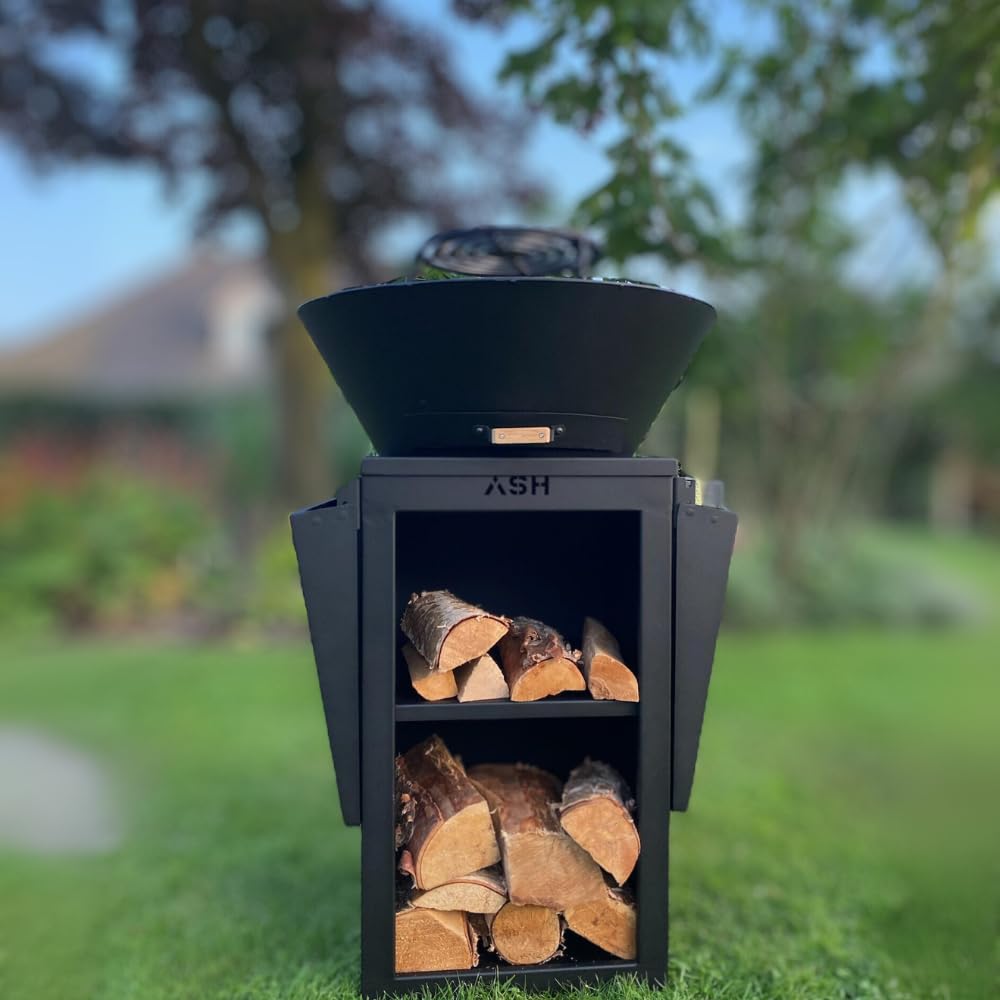ASH Phoenix - Plancha Grill de Jardin Avec Cheminée - Noir - Acier - Barbecue Brasero Outdoor 60Ø x 115cm - Extra Large - Rangement Bois