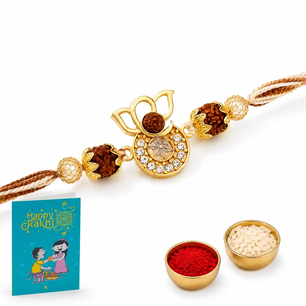 kaameri bazaar Auspicious Ganesha Rudraksha Rakhi for Brother | Designer Rakhi with CZ Stones, Roli Chawal and Greeting Card | Traditional Raksha Bandhan Rakhi Gift for Bhai-picture-26