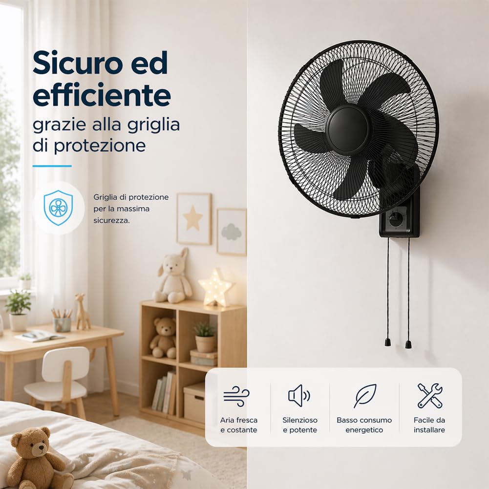 BAKAJI Wandventilator mit Gitter von 43 cm, 3 wählbare Geschwindigkeitsstufen, 5 Flügel, 65 Watt Leistung mit automatischer seitlicher Oszillation, schwarz