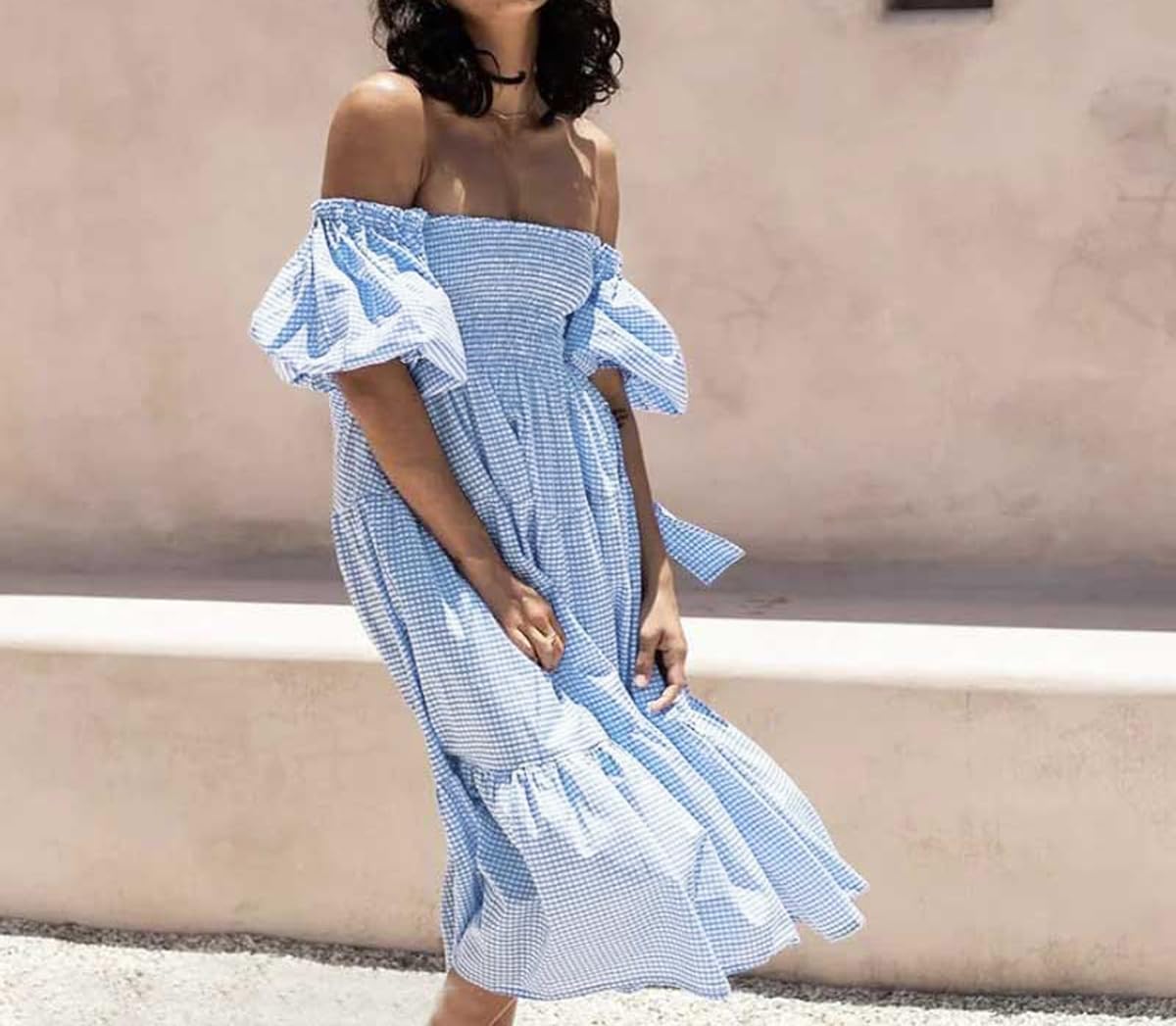 R.Vivimos Estate delle Donne Boho Manica Lunga Cravatta Vita Quadrata Collare Abito Midi con Volant Elegante Vestito Casual per Le Vacanze