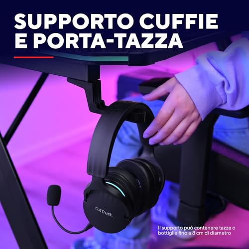 GXT 710 Luminus Pro Scrivania Gaming 120x60 con Led Rgb, Caricatore Wireless Integrato da 10W, 10 Modalità di Colore, Postazione Gaming Con Portabicchiere, Gancio Per Cuffie, Nero - Sedia gaming - Immagine 7