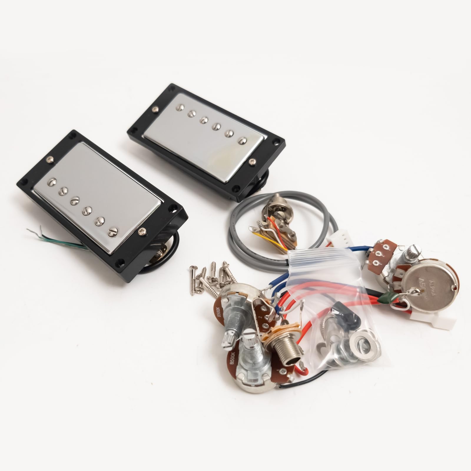 Gitarren-Humbucker-Tonabnehmer-Set mit 2V2T Kabelbaum-Set, kompatibel mit Gibson LP SG Les Paul Style E-Gitarre, Hals & Bridge Pickups Set Gitarrenzubehör (Chrome BK 2V2T Set)