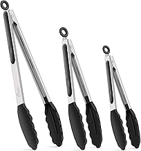 Hotec Kitchen Tongs, Spaghetti Tongs, Barbecue Tongs Stainless Steel and High Quality Silicone, Intelligent Locking System, Set of 3, Black