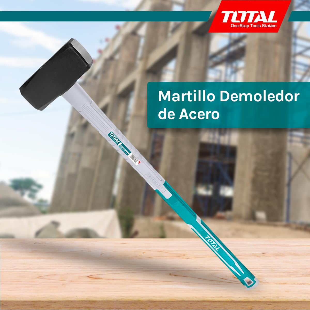 TOTAL - Maza Albañil | 5 kg y 900 mm de Largo | Adecuado Para la Construcción | Alta Resistencia al Impacto | Cabeza Cuadrada de Acero al Carbono Forjado | Mango de Fibra