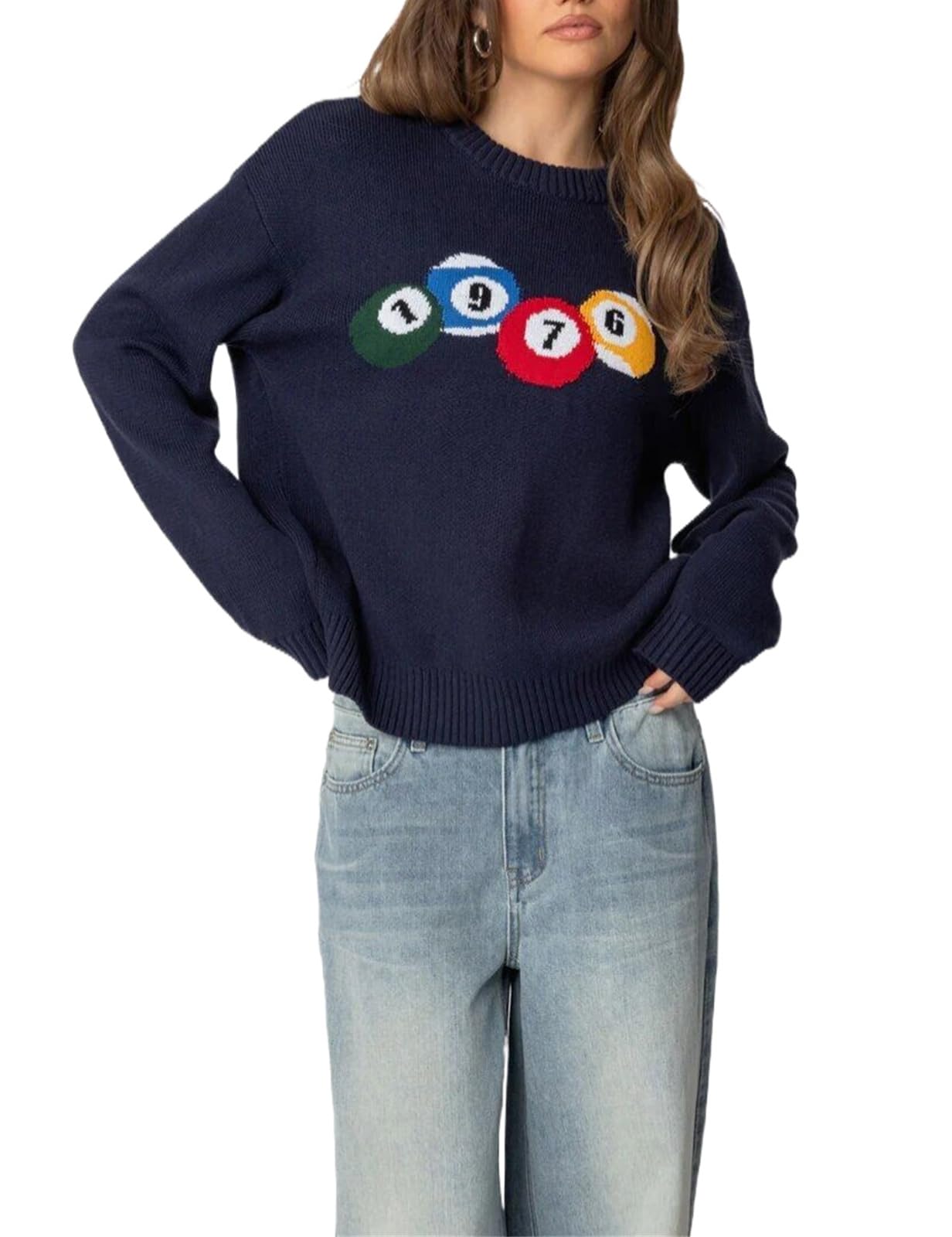 Womens Y2k Crewneck Long Sleeve Pullover Fall Winter Ribbed Knit Sweater Vintage Streetwear