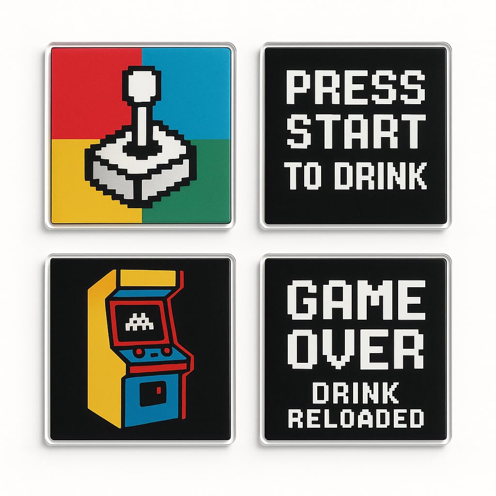 The Plum Penguin Joystick Jive Set Acrylic Coaster Gift Set Of 4 - Humorous Gaming Designs For Man Cave Or Teen Room For Gamers