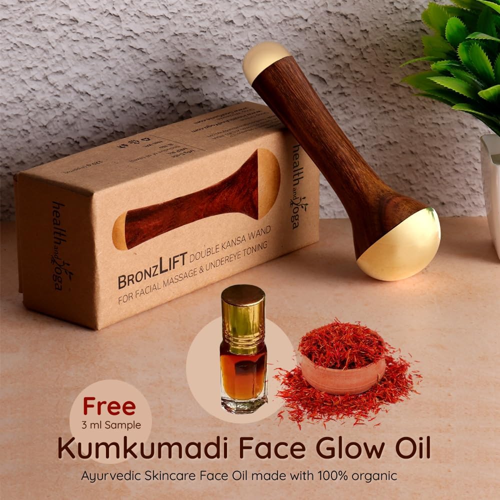 HealthAndYoga™ BronzLift Kansa Wand - Both Side Bronze Cap - Added Beauty Face Oil Vial - Ayurveda Face Yoga Beauty Tool - Facial, Neck & Under-Eye Massage – Toning and Sculpting (Double Dome) - Image 6