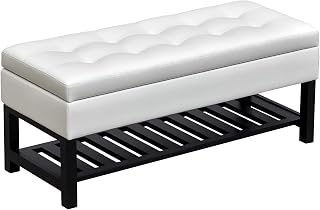 HOMCOM 44" Tufted Faux Leather Ottoman Storage Bench with Shoe Rack - White