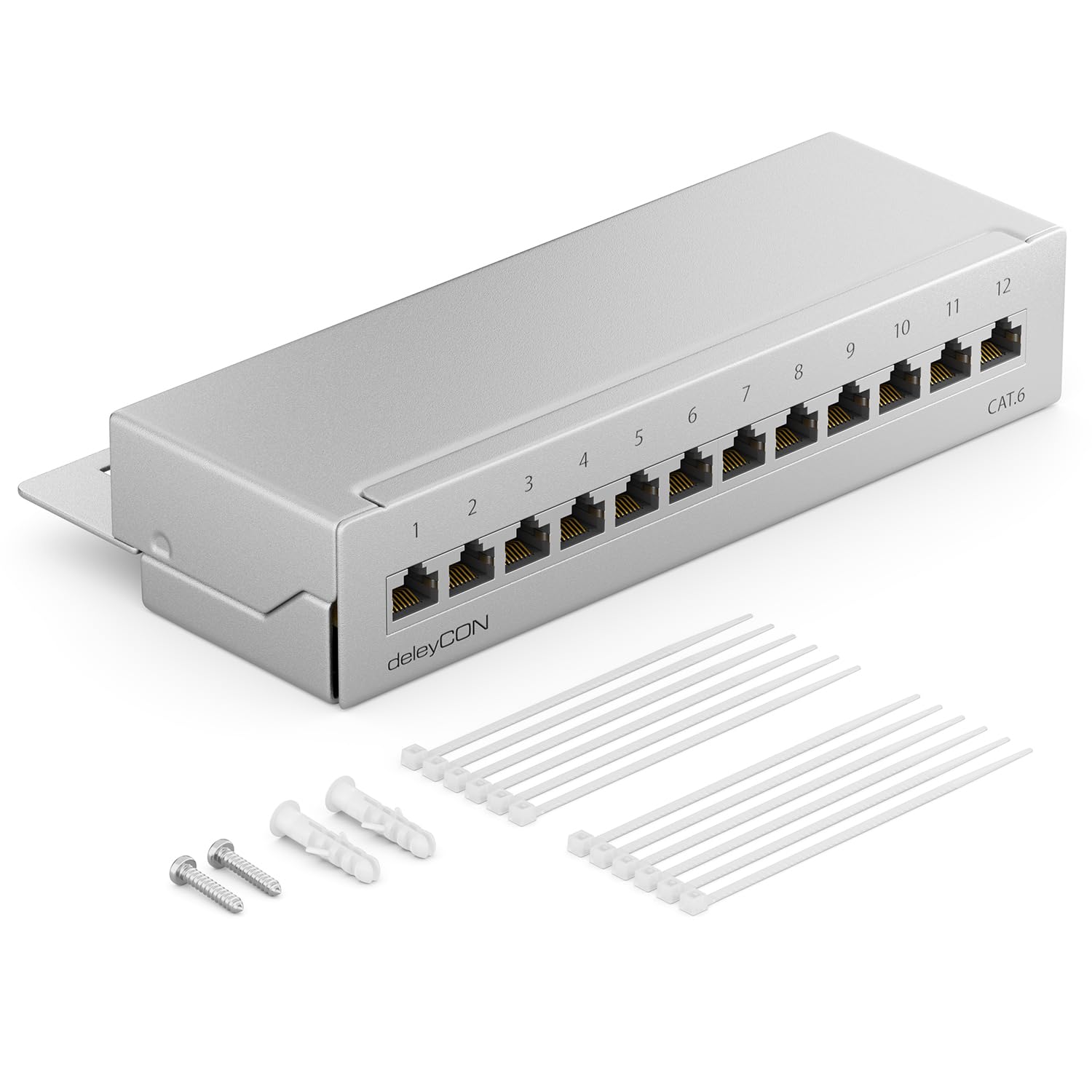 deleyCON CAT6 Patch Panel 12 Porte del Desktop & Montaggio a Parete - Schermato - Presa RJ45 12x - TIA568A TIA568B - Grigio Chiaro