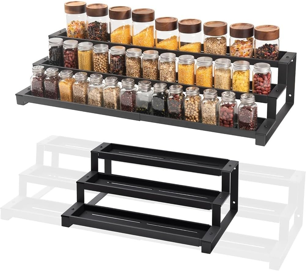 Expandable Kitchen Spice Rack, Three-tier Metal Spice Organizer, Suitable For Kitchen Countertops And Cabinet Wall-mounted Spice Storage Boxes.