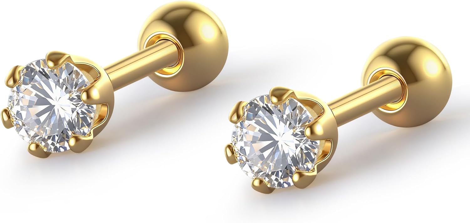 Gold Stud Earrings 925 Sterling Silver 18K Gold Plated Cubic Zirconia Screw Back Cute Hypoallergenic for Women Jewelry Valentine's Day Gift