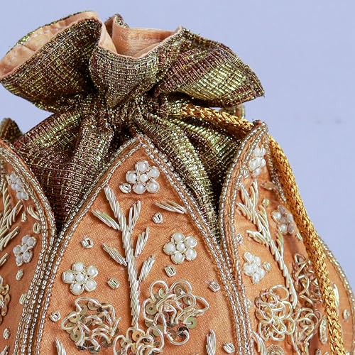 Image of THE TAN CLAN Pushp Zardozi Embroidered Mini Lotus Potli Bag - Handcrafted Silk Pouch with Intricate Zardozi & Lotus Design for Weddings, Bridal Accessories, and Special Occasions