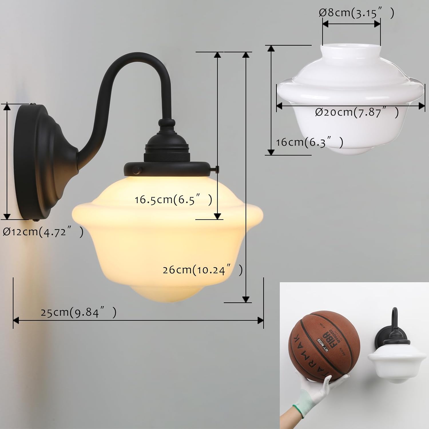 Pathson Vintage Wall Sconce with Milk White Glass, Hardwired Swan-Neck Wall Vanity Light Bathroom Sconce Fixture for Living Room, Foyer, Loft, Bedroom, Farmhouse Lamp