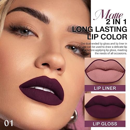 Miniatura 221 de evpct Juego de 6 delineadores de labios y lápiz labial, color rojo oscuro, malva, morado, ciruela, mate, mate, 24 horas a prueba de agua mate, 24 1