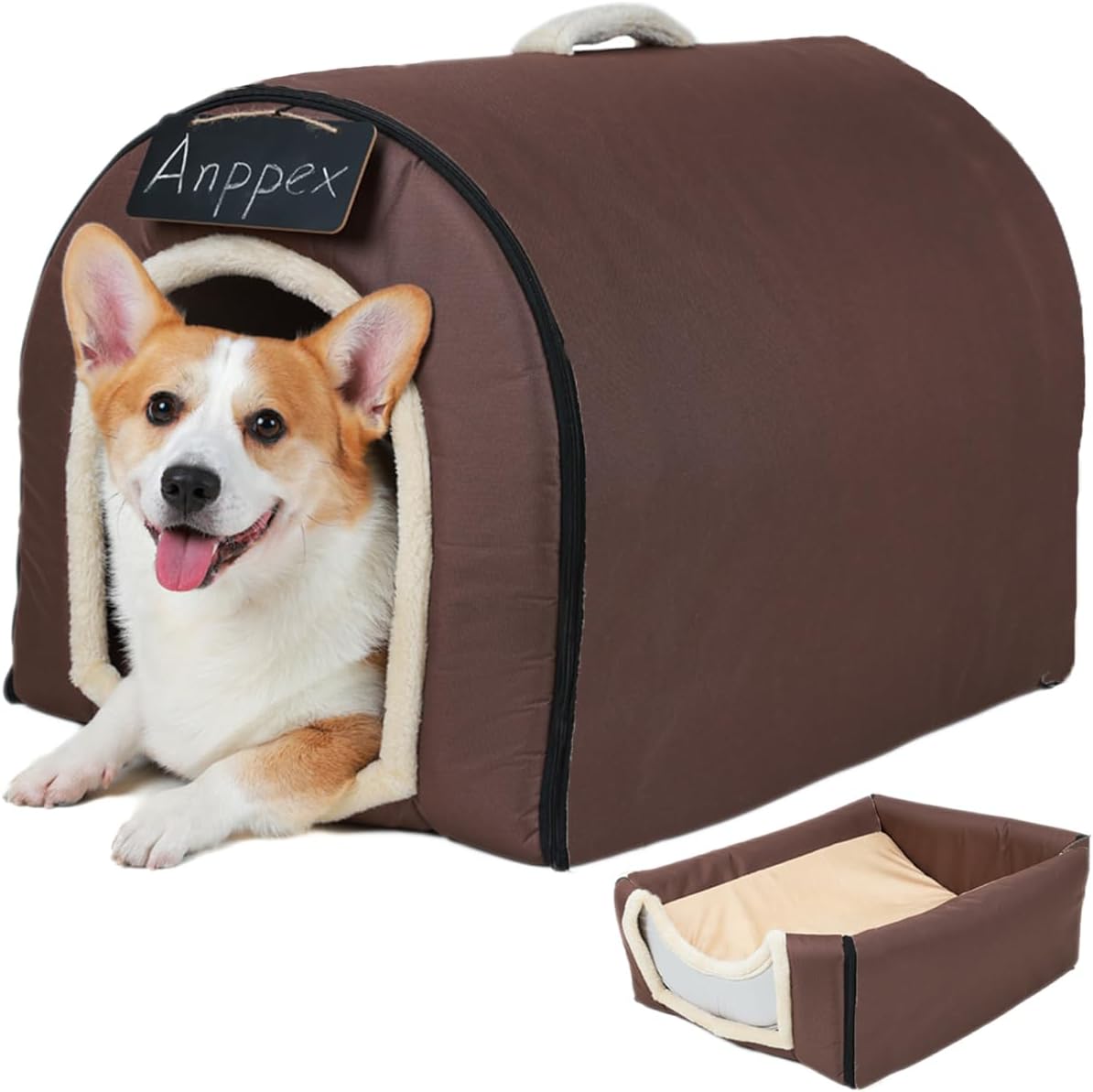 ANPPEX Medium Igloo Dog House Indoor,XL Size Dog Cave for Medium and Large Dogs,2-in-1 Washable Covered Dog Bed,Brown