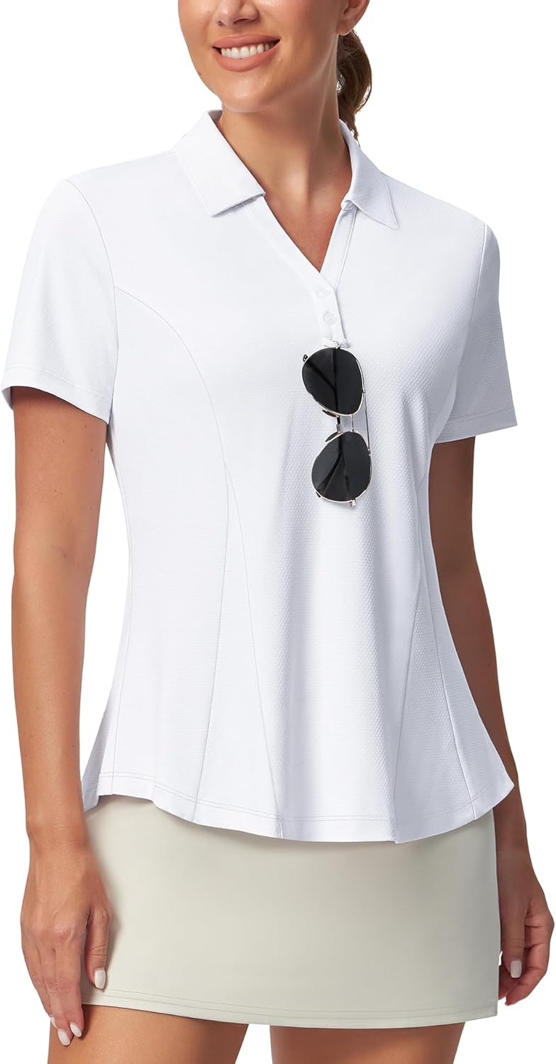 Casei Women's Golf Polo Shirt with Sunglass Loop, No-Tuck Peplum Tennis Pickleball Top, V-Neck UPF 50+