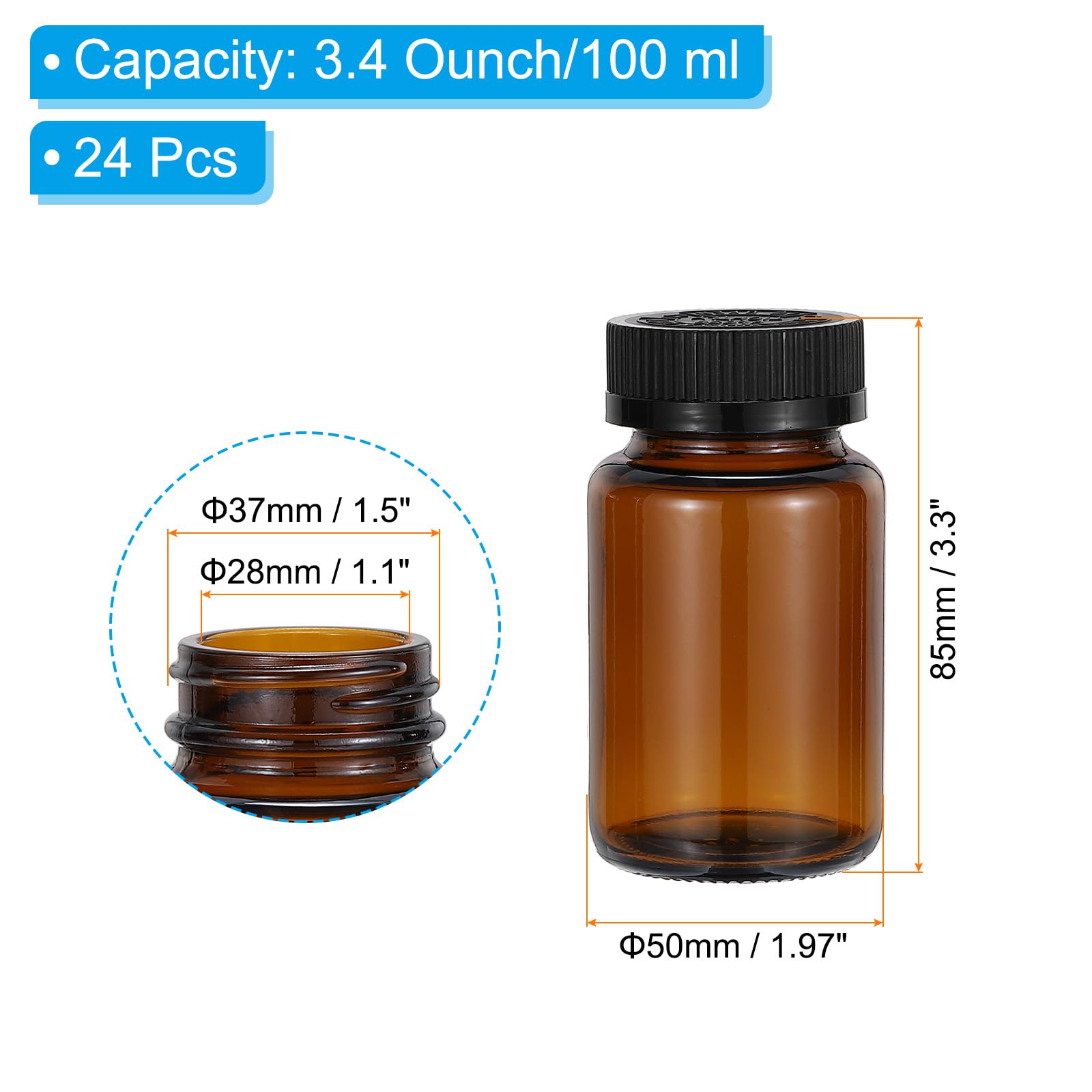 PATIKIL 3.4oz/100ml Glas Abfüllflaschen 24Stk Runde Weithalsflaschen Mit Schwarzem Rippendeckel Für Reagenzien Flüssigkeiten Ätherische Öle Parfüm Bernstein