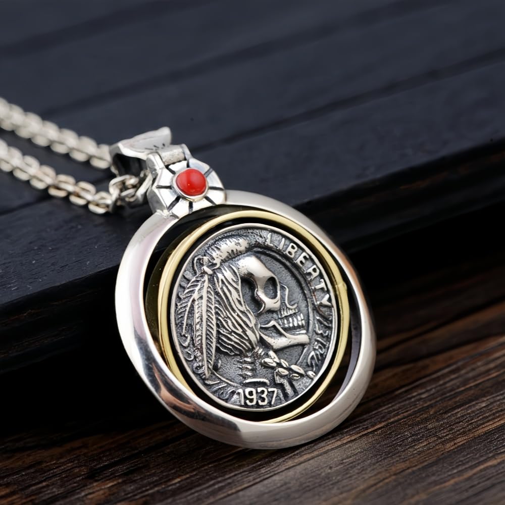 ForFox Vintage 925 Sterling Silber Indianer Totenkopf Spinner Anhänger für Herren Damen