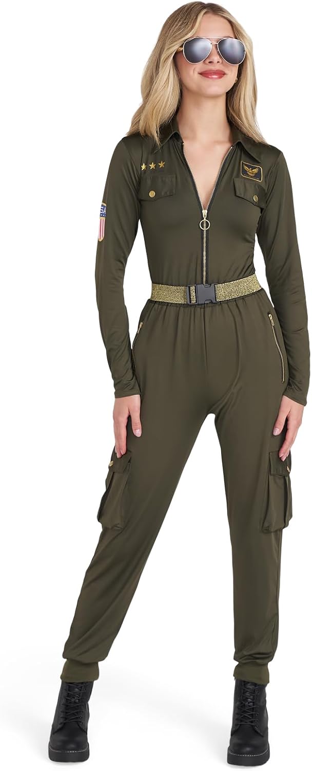 Tipsy Elves Women's Fighter Pilot Halloween Costume – Green Military Flight Bodysuit with Cargo Pants, Belt, and Real Patches