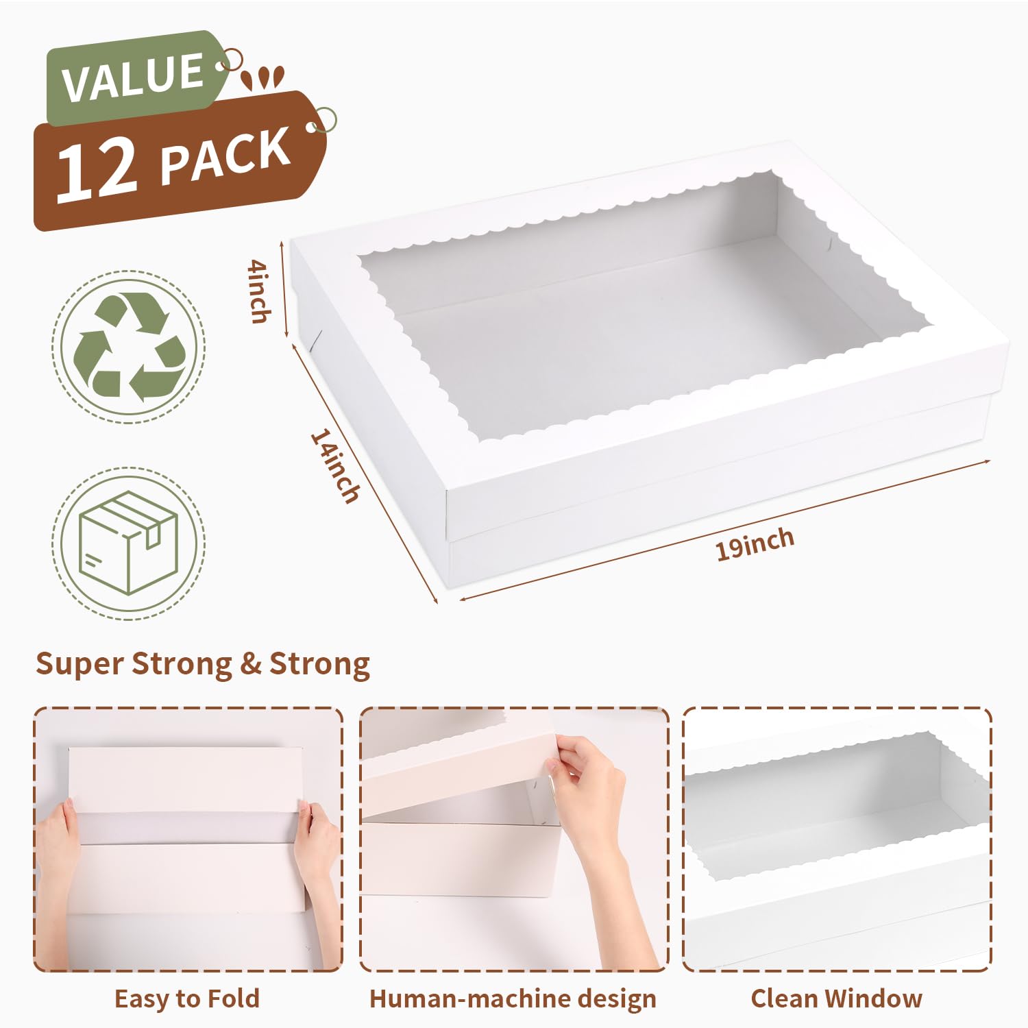 12 cajas de galletas, cajas grandes de panadería de 19 x 14 x 4 pulgadas con ventana para pasteles, chocolate, fresas, magdalenas, donas, pasteles, postres, Navidad (blanco)