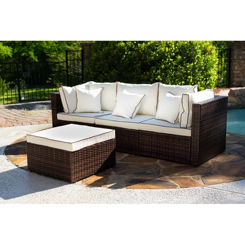 DEVOKO Outdoor Patio Furniture Set 2 Piece Wicker Conversation Sofa with Ottoman 3 Seater for Garden, Terrace, Balcony (Dark Brown & White)-image-27
