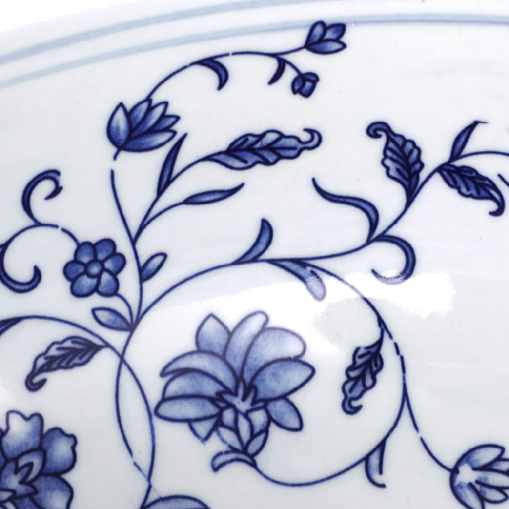 Lonuebu Bathroom Vessel Sink Blue and White Porcelain Ceramic Sink Round Bathroom Sinks Above Counter, Ceramic Sink with Antique Bamboo Faucet and Pop-up Drain Combo