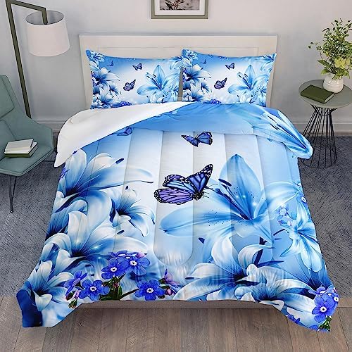 AILONEN Butterfly Girls Comforter Set Twin Size, Blue Lily Flowers Bedding Set for Kids Teen,Animals Botanical Floral Duvet Set 3 Pieces,1 Quilt and 2 Pillowcases