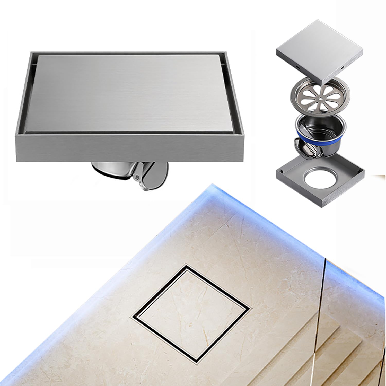 15x15cm Piletta Doccia,Scarico Doccia,Piletta Doccia Piatto Piastrellabile Sifone a 360° con Filtro Antiodore e Anti-Capelli per Doccia Walk-in,Materiale in Acciaio Inox