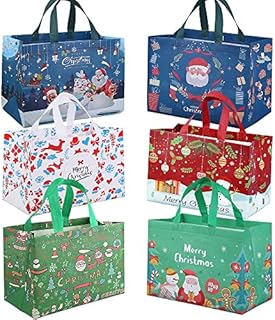 DOJoykey Christmas Tote Bags, 6 Pack Gift Bags with Handle Reusable Festive Grocery Shopping Bags for Christmas Party