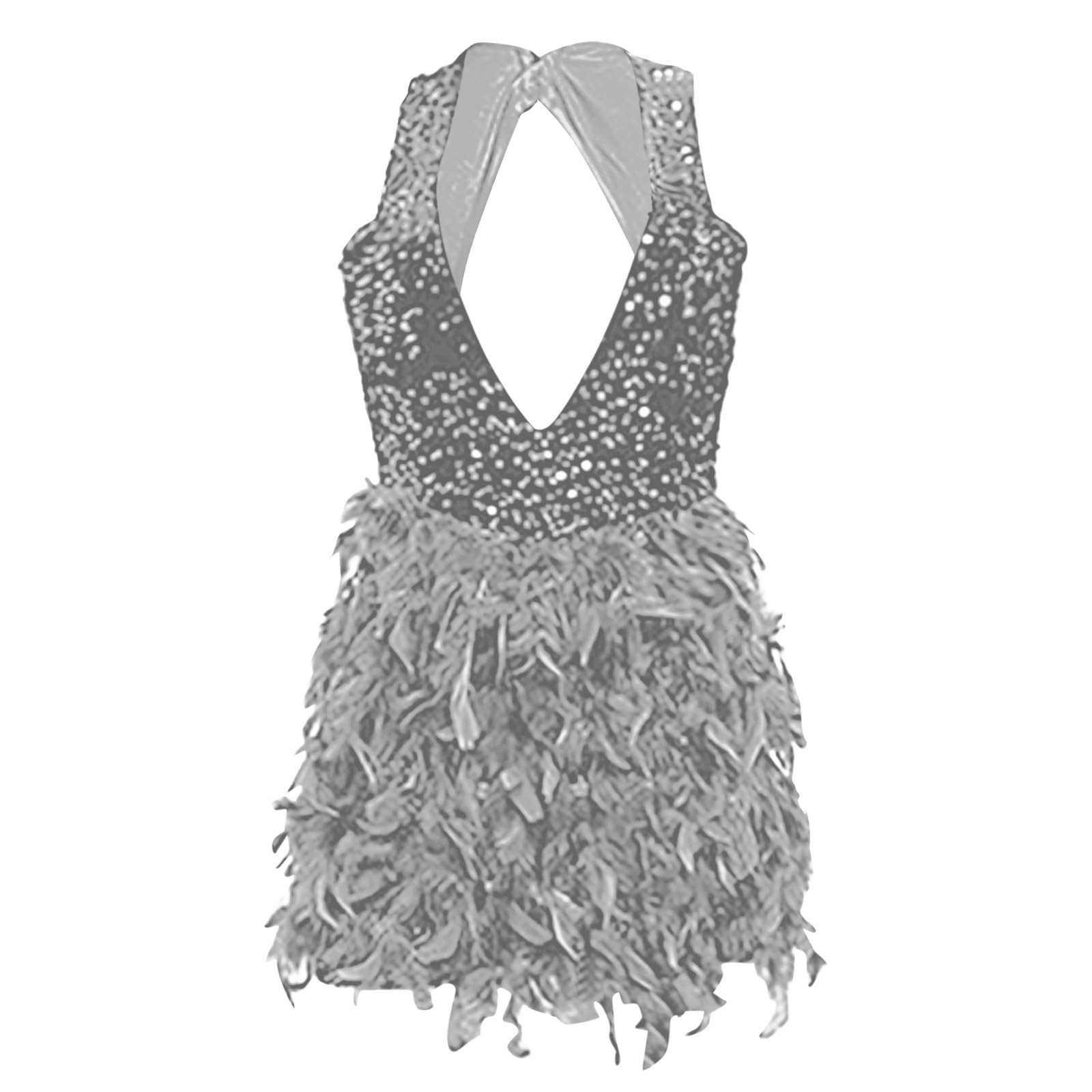 Jupe à Paillettes et Plumes pour Femme avec Dos Nu et décolleté en V Profond Robe Rose Moulante
