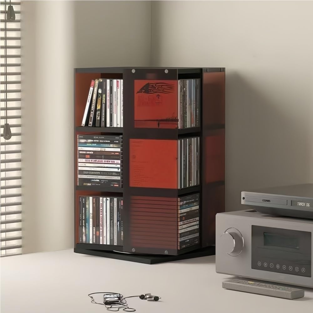 Rotating CD Tower - Acrylic Record Player Stand & Wooden Cassette Display Rack, 4-Sided Album Holder for CDs, DVDs & Cassettes - Space-Saving Storage Solution