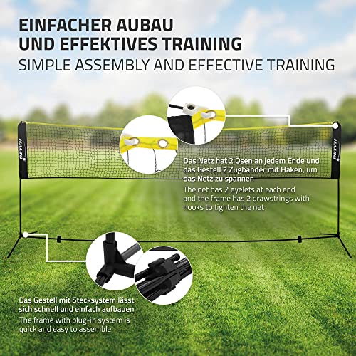 Foto von Hauki Badminton Netz, Tennisnetz 400cm, Schwarz, H156cm, Federballnetz Set inkl. 3x Federball, Transporttasche, stabilem Eisen-Gestell, Tragbares Volleyballnetz, Trainingsnetz Indoor & Outdoor, Garten