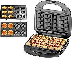 Máquina de Waffle, Donuts e Cupcake 3 em 1 - Placas Antiaderentes Removíveis. Aparelho Elétrico Multifuncional para Lanches e Sobremesas 110 V
