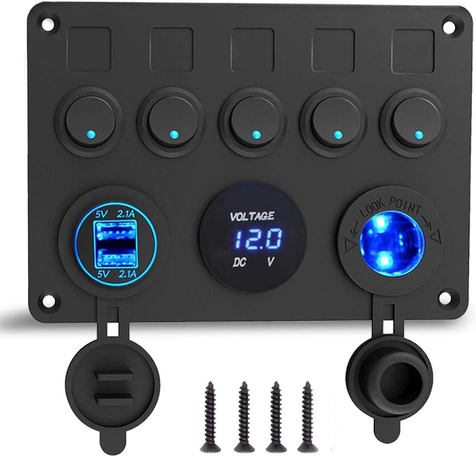 IP65 Waterproof 12V/24V Toggle Switch Panel, Dual USB Charger Port 4.2A + Lighter Socket + Digital Voltmeter Display, Car Rocker Switches for Boat Car RV Vehicles Truck Circuit Control