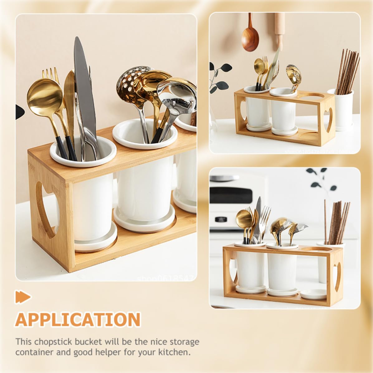 Angoily Organisateur de Couverts Solide et Élégant et Design Drainant en Céramique et Bois 3 Compartiments pour Rangement Pratique Porte-ustensiles Cuisine