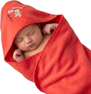 BELLO TOKO Newborn Baby Hooded Swaddle Blanket Microfibre, 0-3 Months (Red) | Soft Microfibre Fabric, Hooded Design, Swaddle Wrap, Bear Embroidery