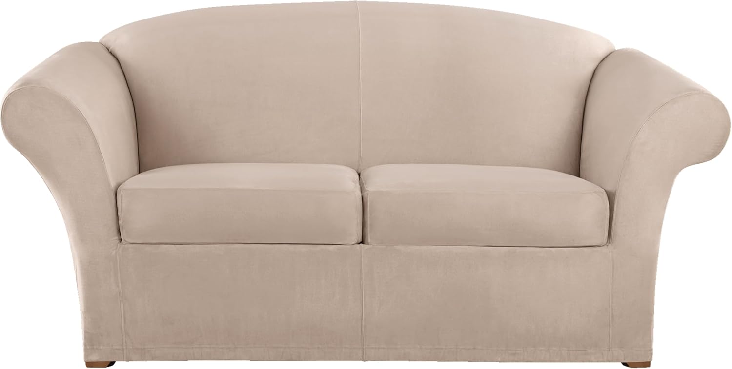 SureFit Ultimate Stretch Suede 3 Piece Box Loveseat Slipcover in Cement Cement Box Loveseat