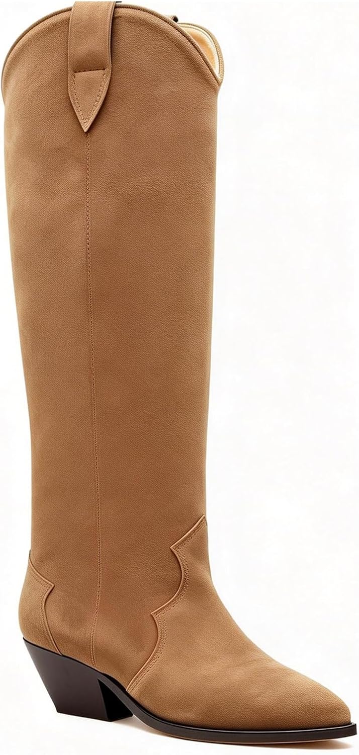 Suede Cowboy Boots for Women Pointed Toe Cowgirl Knee High Boots Chunky Heels Tall Boot Dressy Pull on Wide Calf Fashion Casual - Image 6