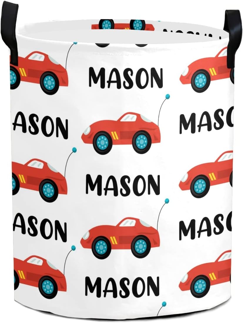 Red Car Cute Name Personalized Laundry Basket Clothes Hamper with Handles Waterproof,Collapsible Laundry Storage Baskets for Bathroom,Bedroom Decorative 19.7"Hx14.2"D