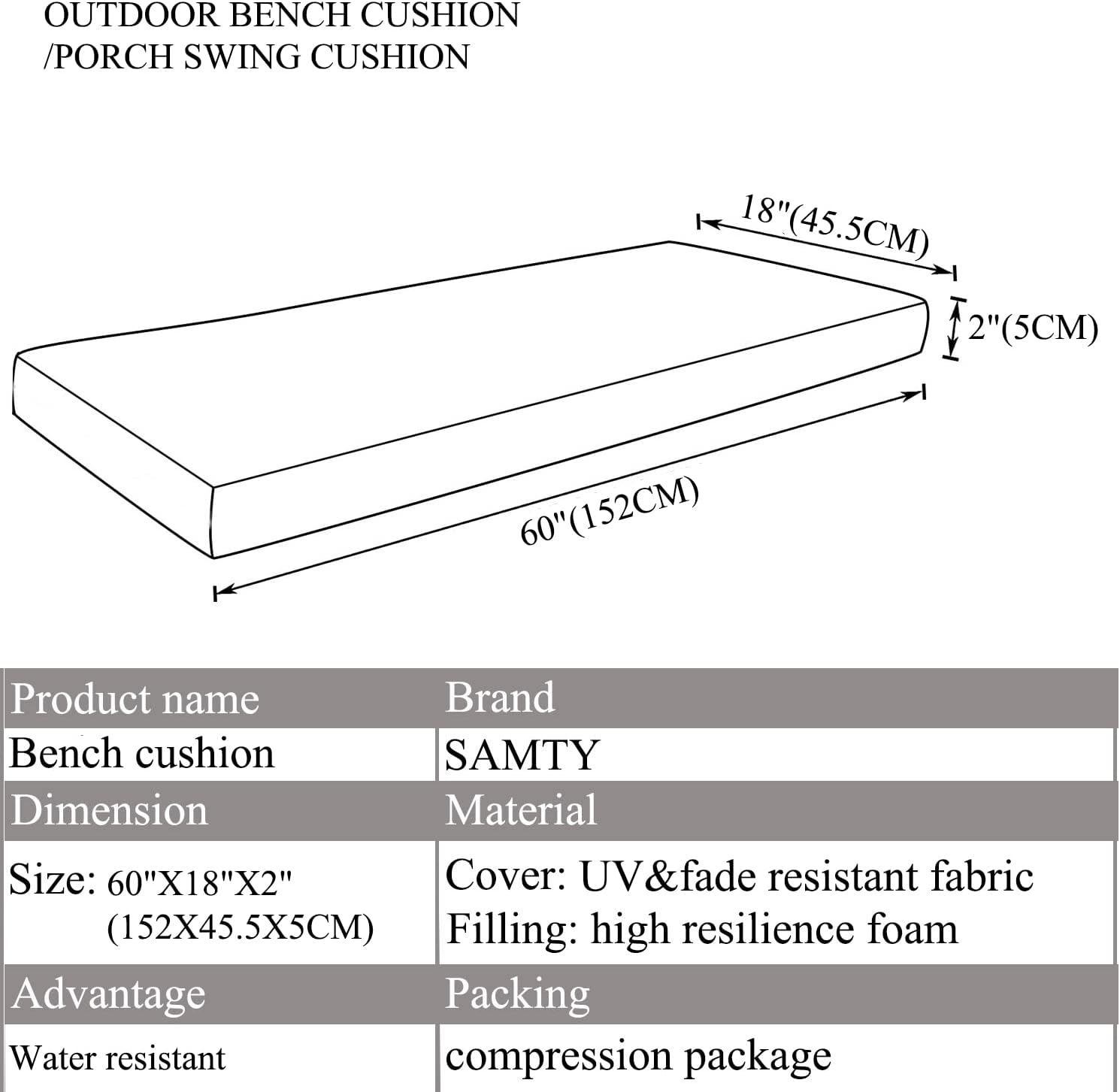 SAMTY Outdoor Bench Cushions for Patio Furniture Waterproof Porch Swing Cushion for Garden Love Sofa Settee seat pad with Washable Cover