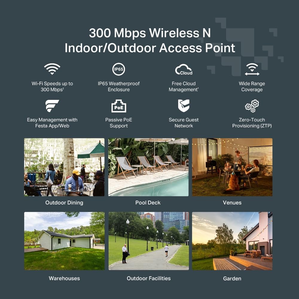 TP-Link Festa F41-Outdoor, N300 Wireless Outdoor Access Point | Free Cloud, IP65 6kV Protezione contro i fulmini, PoE passivo w/iniettore PoE, rete auto-organizzante, Non funziona w/Omada